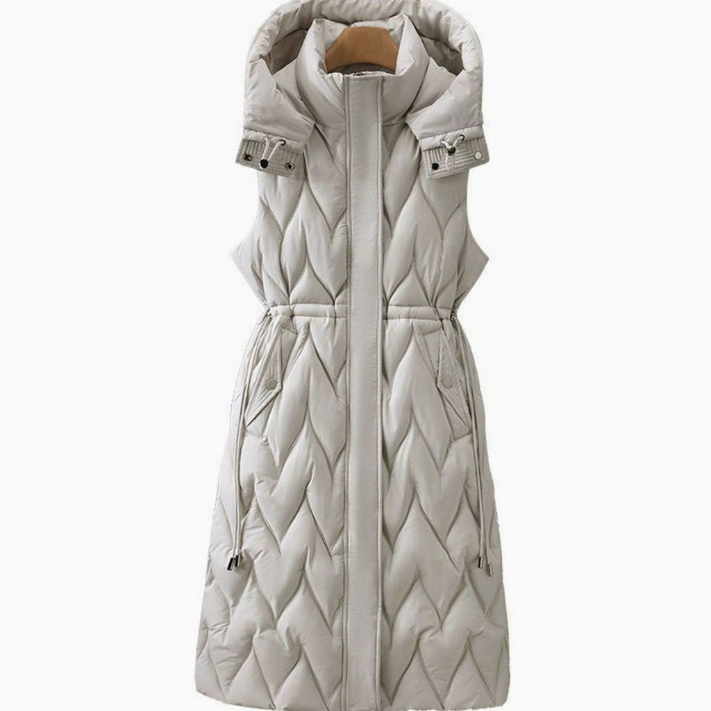 Annika | Gilet long matelassé pour femmes avec capuche et cordon de taille