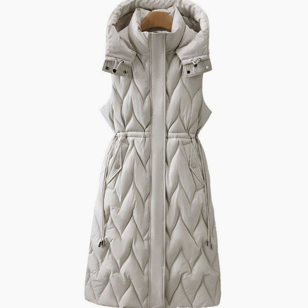 Annika | Gilet long matelassé pour femmes avec capuche et cordon de taille