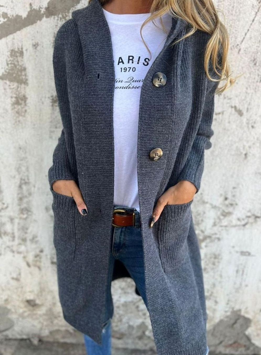 Emilia | Manteau long en tricot pour femmes avec capuche et boutonnière