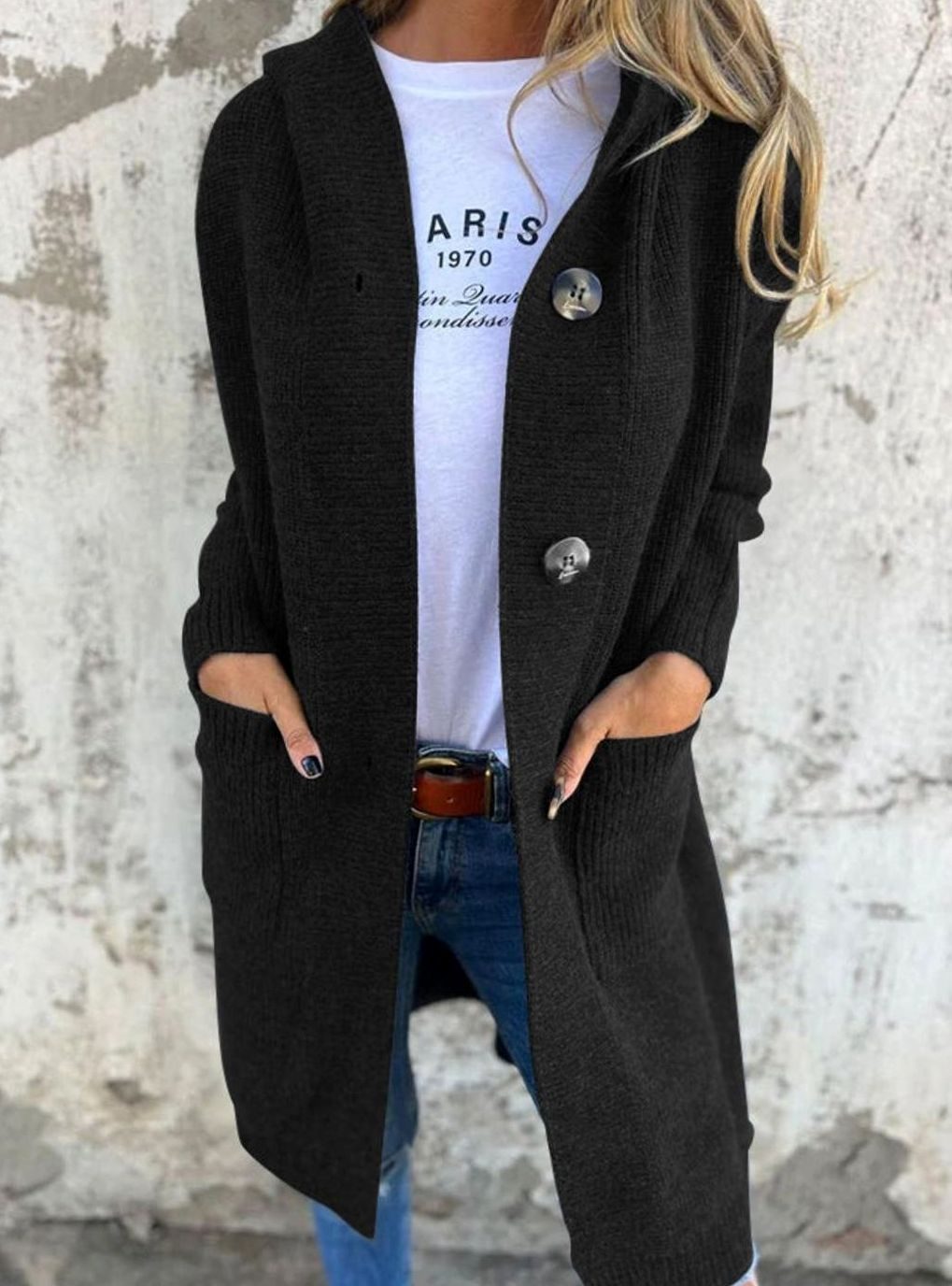 Emilia | Manteau long en tricot pour femmes avec capuche et boutonnière