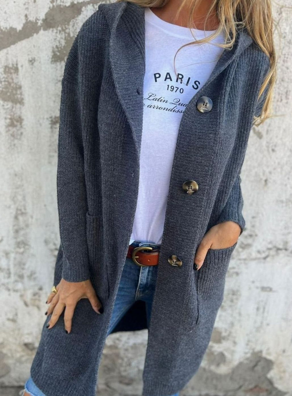 Emilia | Manteau long en tricot pour femmes avec capuche et boutonnière