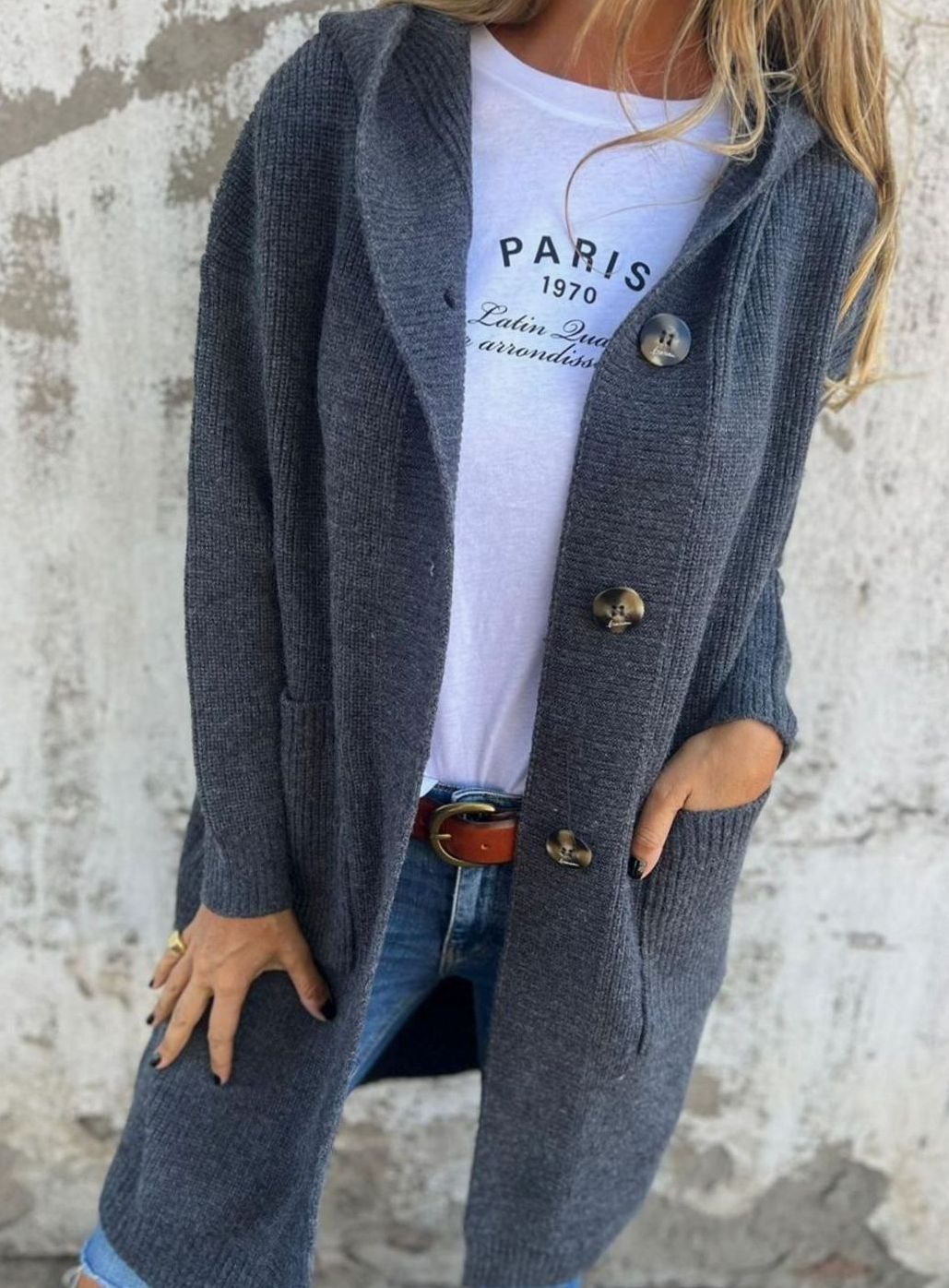 Emilia | Manteau long en tricot pour femmes avec capuche et boutonnière