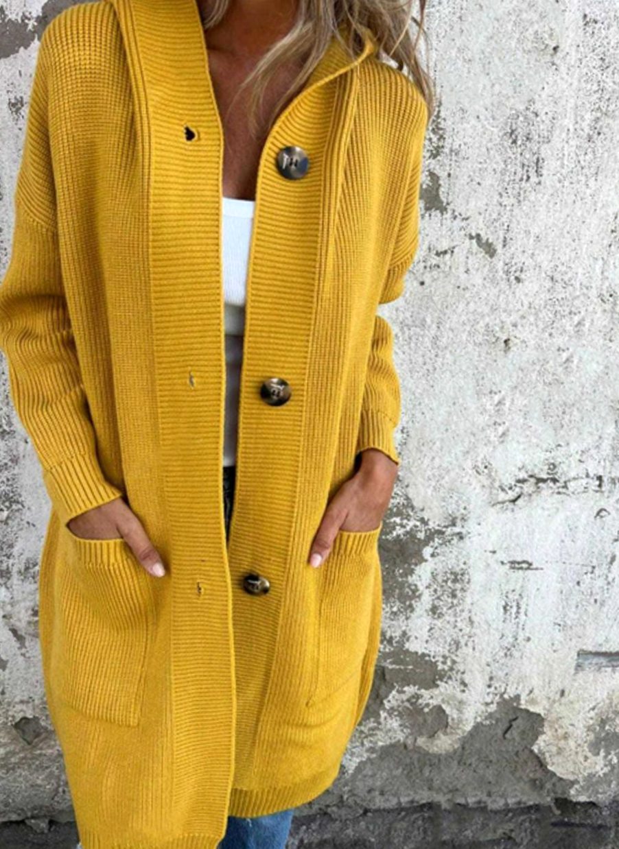 Emilia | Manteau long en tricot pour femmes avec capuche et boutonnière