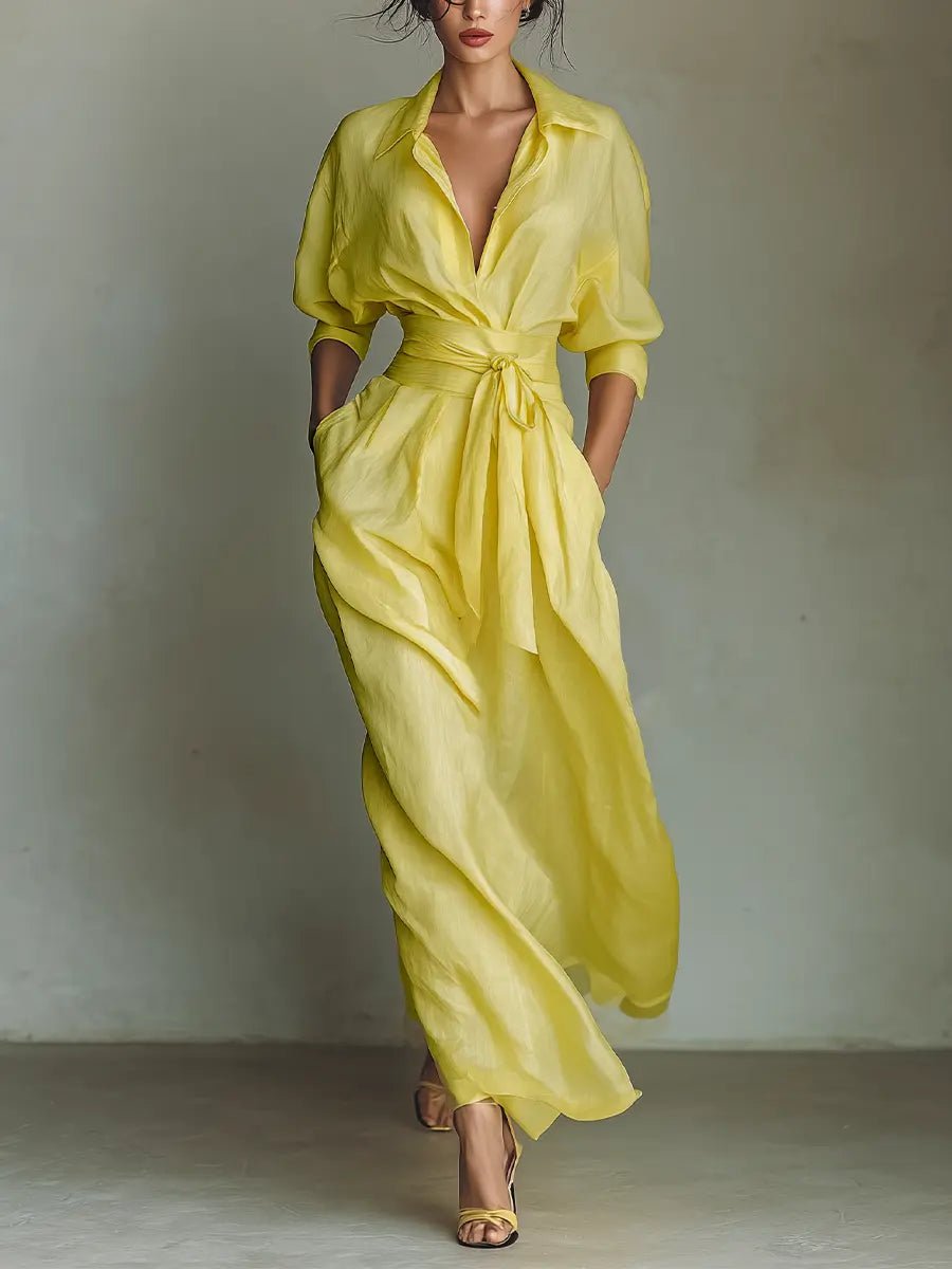 Emilia | Robe chemise maxi en lin et coton pour femmes avec décolleté en V
