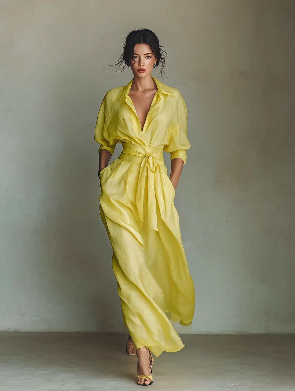 Emilia | Robe chemise maxi en lin et coton pour femmes avec décolleté en V