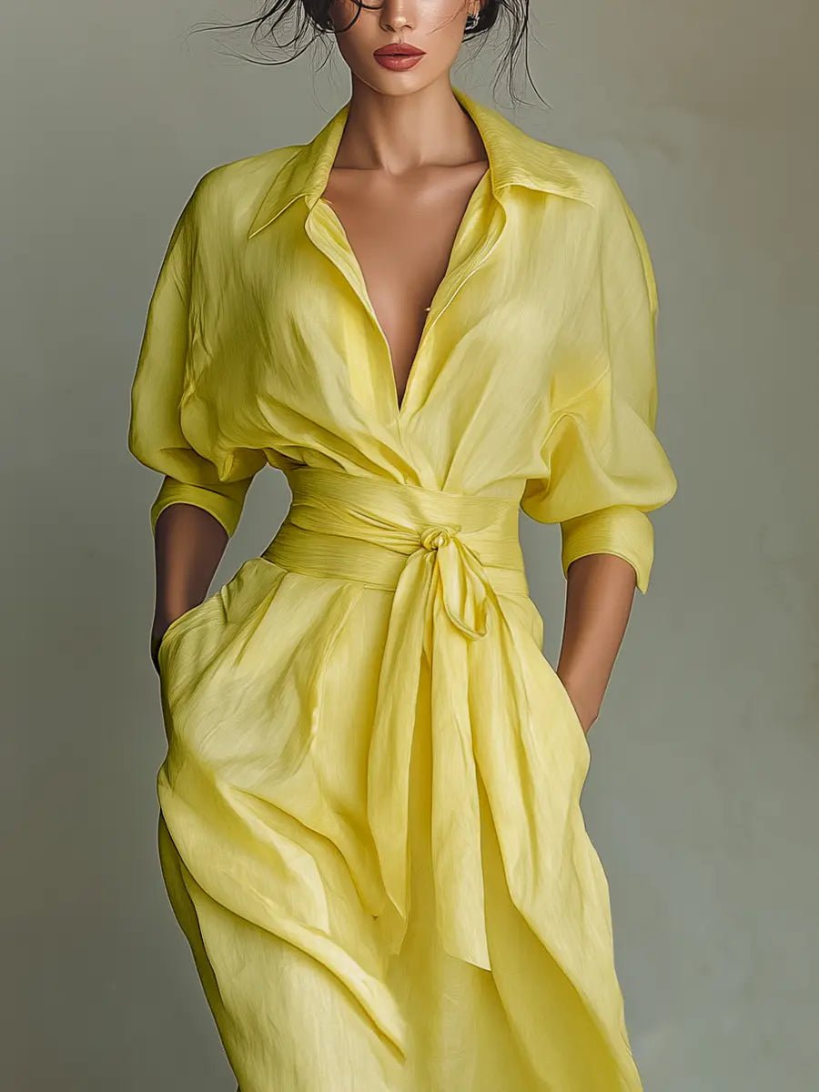Emilia | Robe chemise maxi en lin et coton pour femmes avec décolleté en V