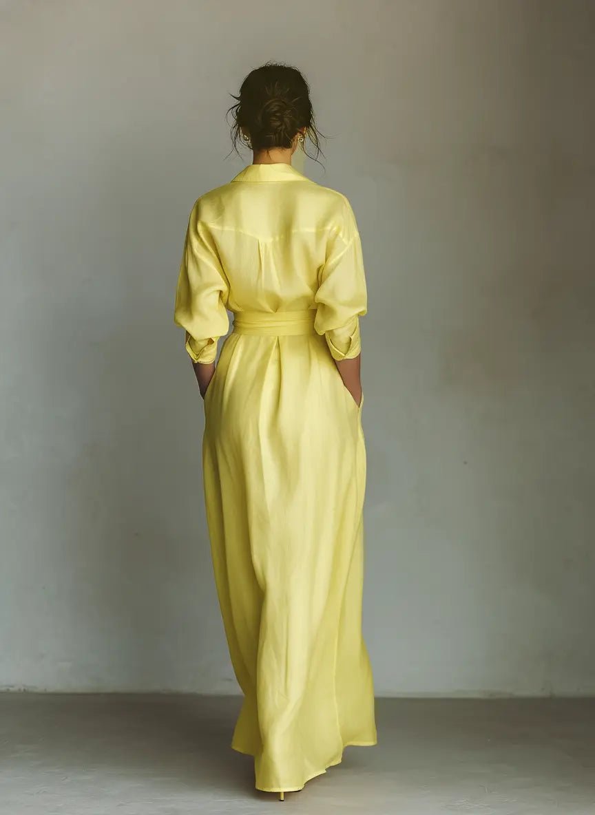 Emilia | Robe chemise maxi en lin et coton pour femmes avec décolleté en V
