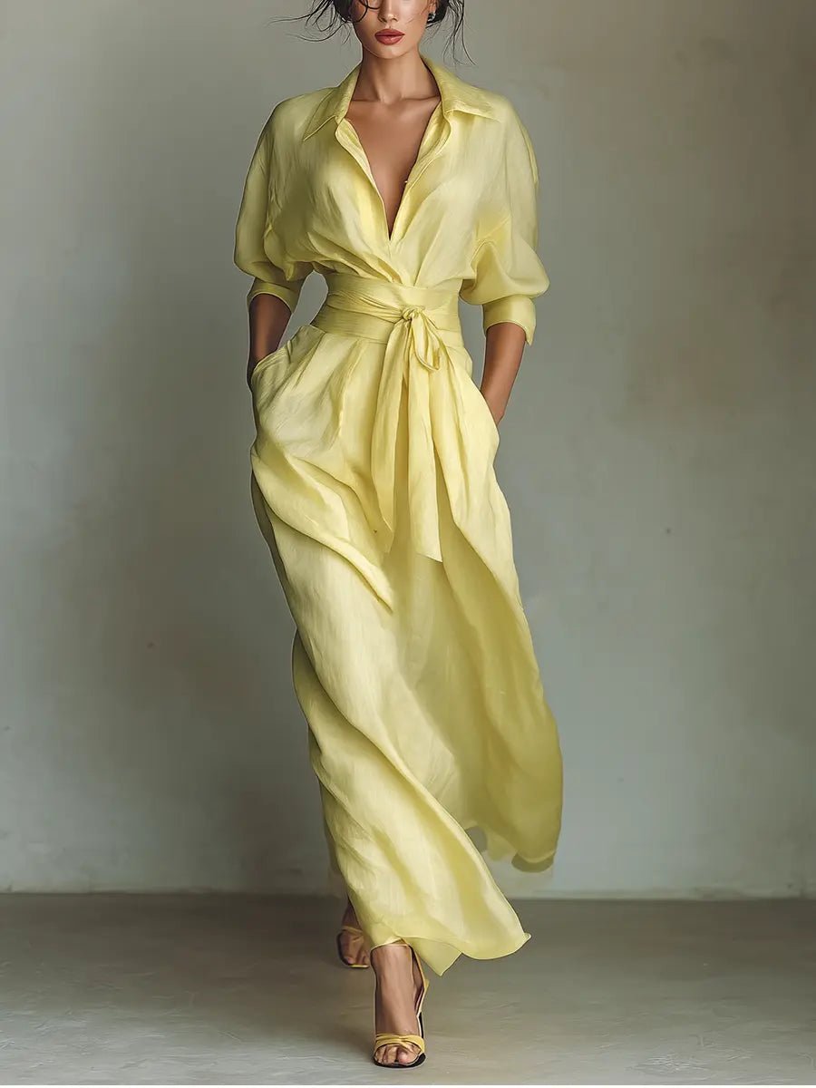 Emilia | Robe chemise maxi en lin et coton pour femmes avec décolleté en V