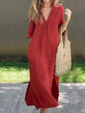 Mia | Robe maxi d'été en lin-coton pour femmes, décolleté en V, manches courtes