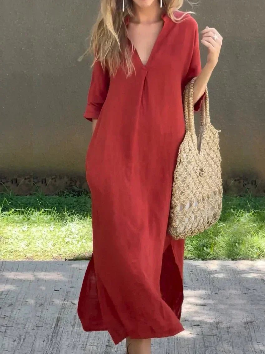 Mia | Robe maxi d'été en lin-coton pour femmes, décolleté en V, manches courtes