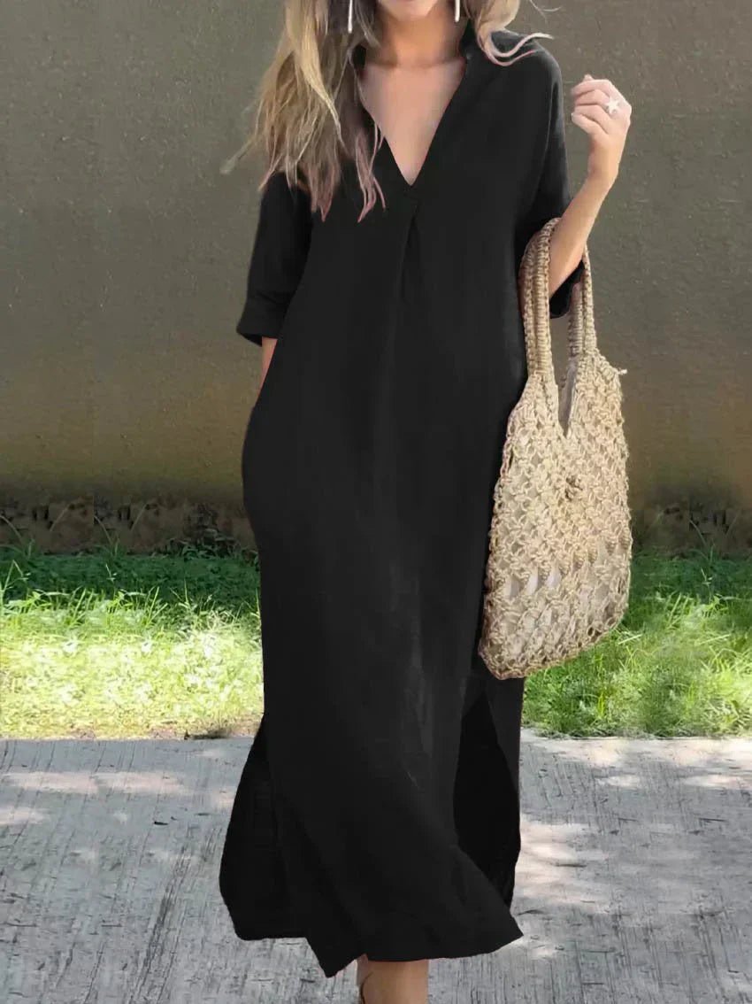 Mia | Robe maxi d'été en lin-coton pour femmes, décolleté en V, manches courtes