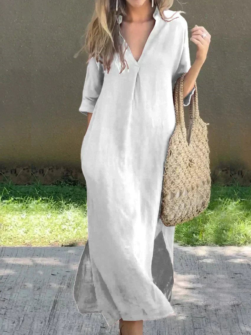 Mia | Robe maxi d'été en lin-coton pour femmes, décolleté en V, manches courtes
