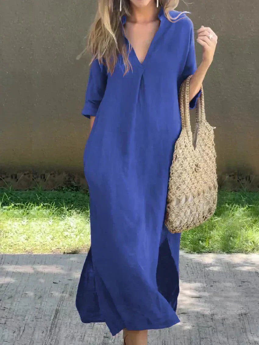 Mia | Robe maxi d'été en lin-coton pour femmes, décolleté en V, manches courtes