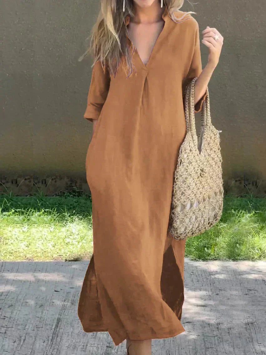 Mia | Robe maxi d'été en lin-coton pour femmes, décolleté en V, manches courtes