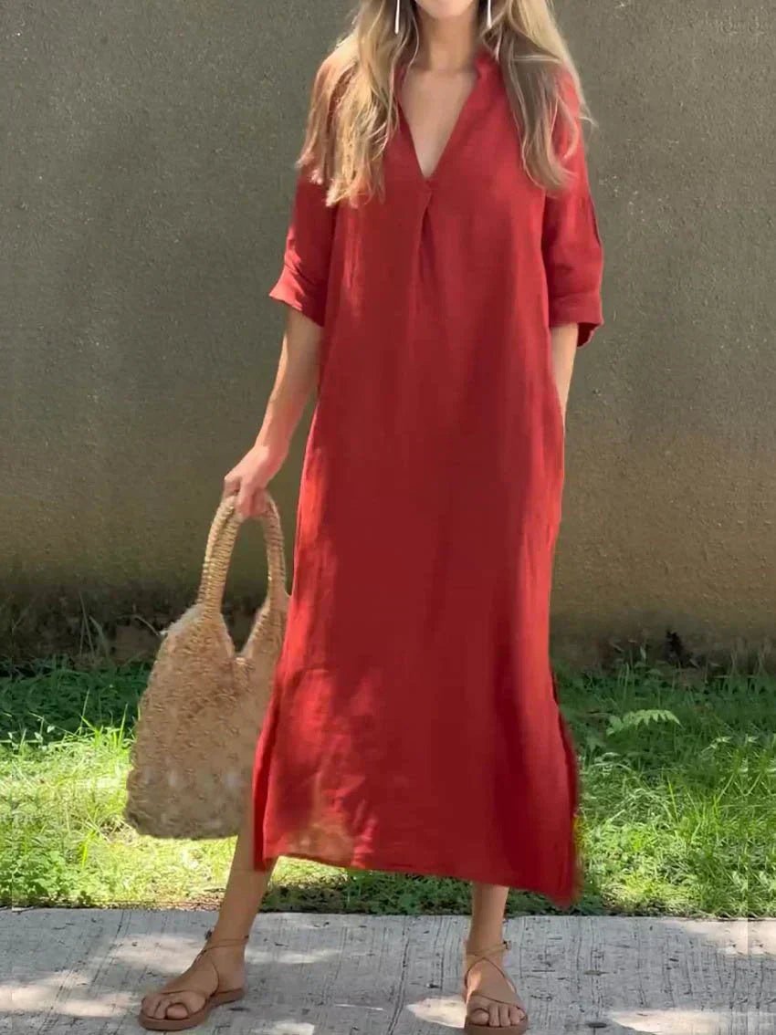 Mia | Robe maxi d'été en lin-coton pour femmes, décolleté en V, manches courtes
