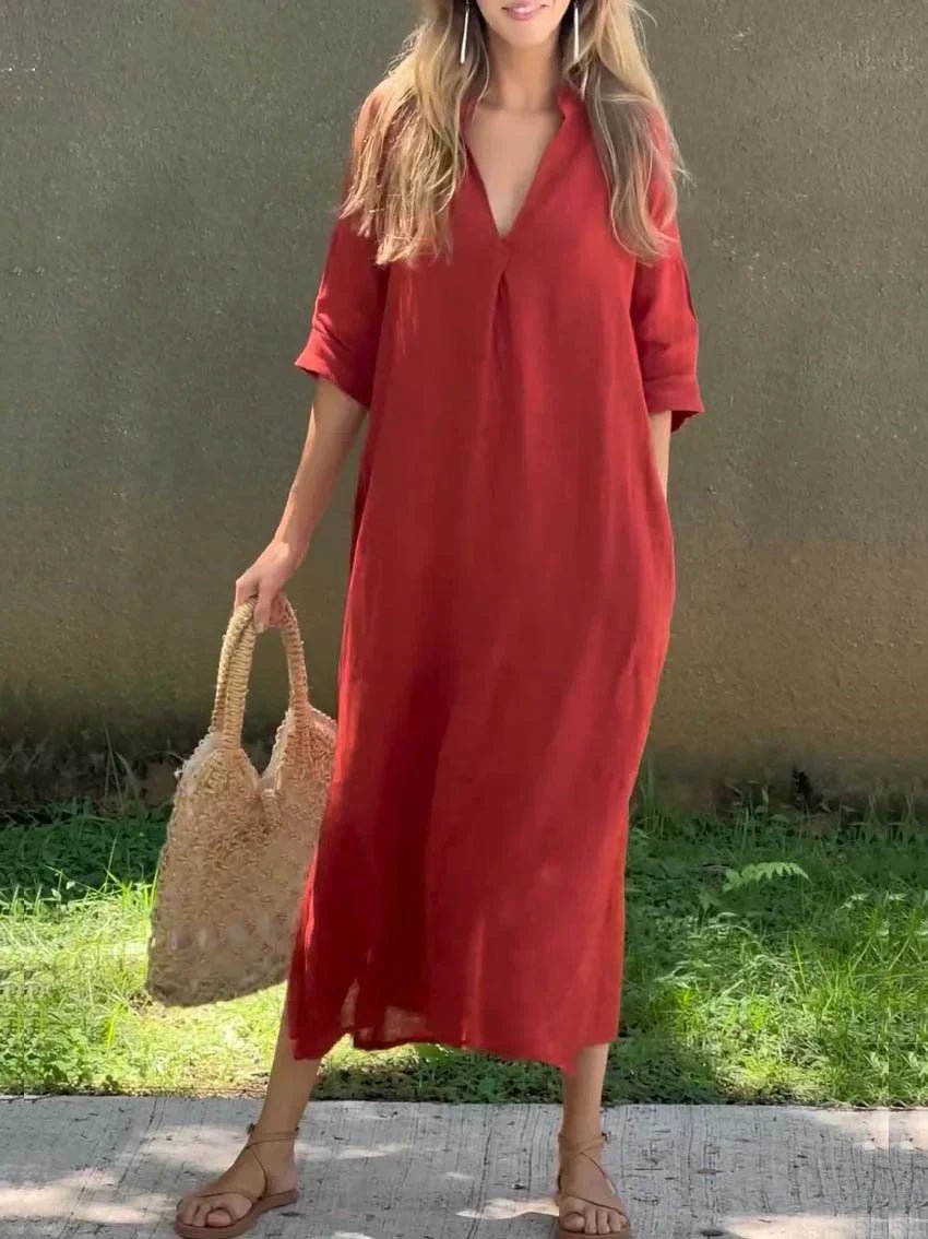 Mia | Robe maxi d'été en lin-coton pour femmes, décolleté en V, manches courtes