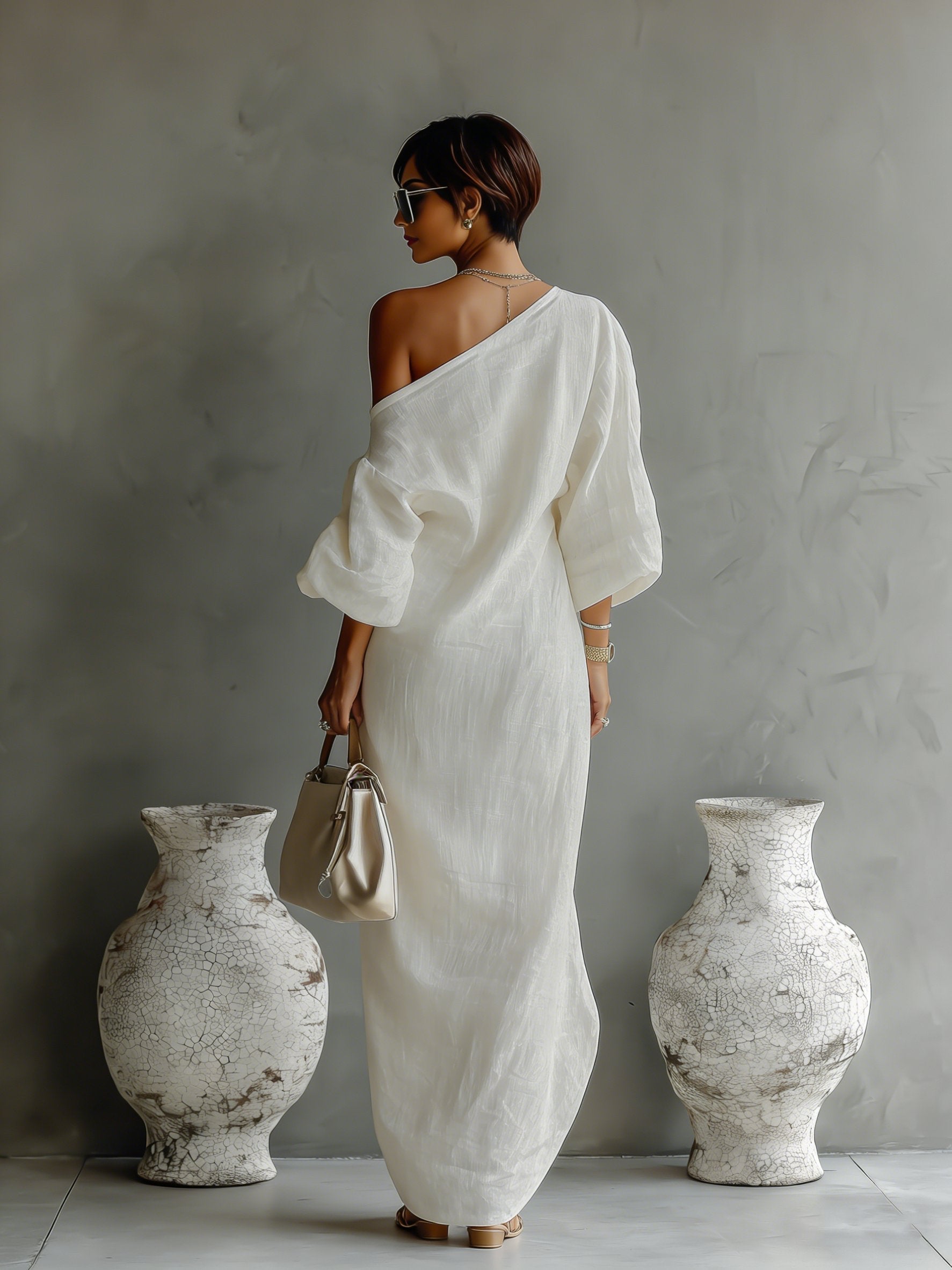 Lena | Robe Maxi One-Shoulder en Lin-Coton pour Femmes