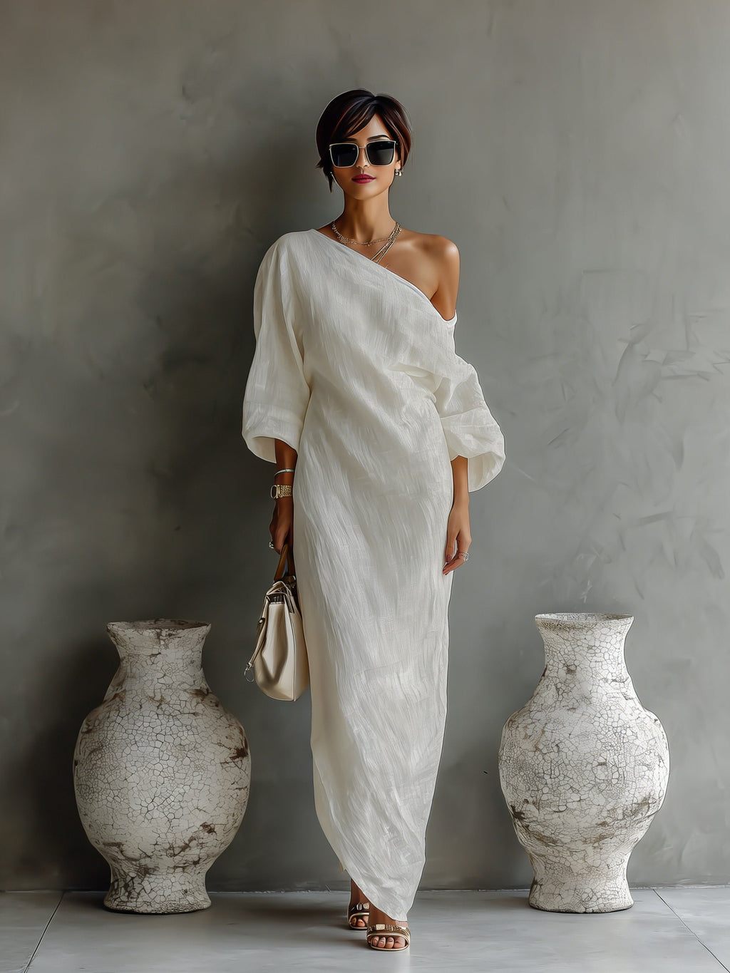 Lena | Robe Maxi One-Shoulder en Lin-Coton pour Femmes