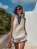 Annika | Ensemble Top en Lin-Coton pour Femmes, Short Sans Manches, Bleu Piqué