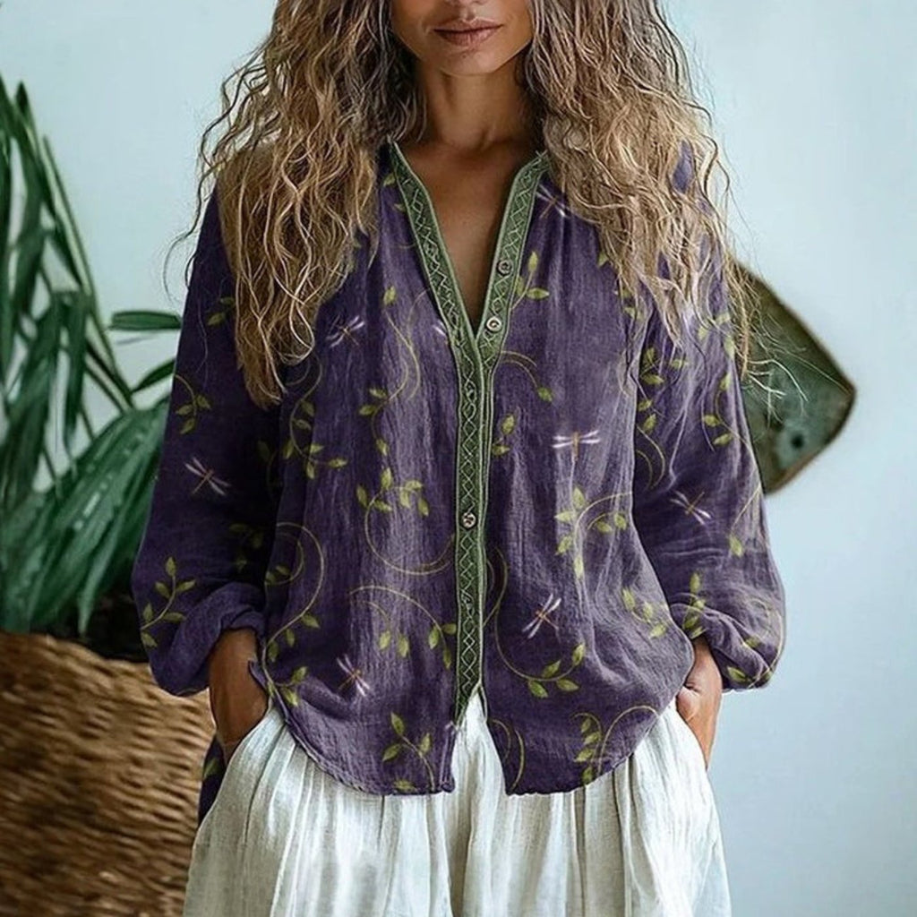 Luisa | Blouse en lin pour femmes à manches longues avec décolleté en V et bordure contrastante