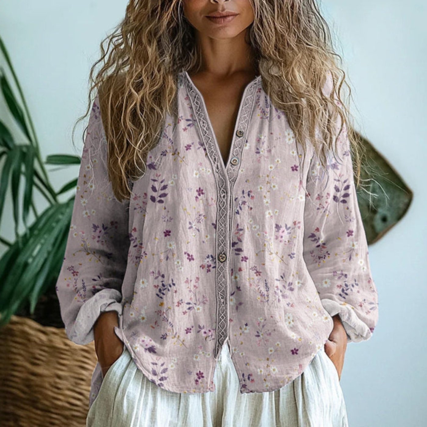Luisa | Blouse en lin pour femmes à manches longues avec décolleté en V et bordure contrastante