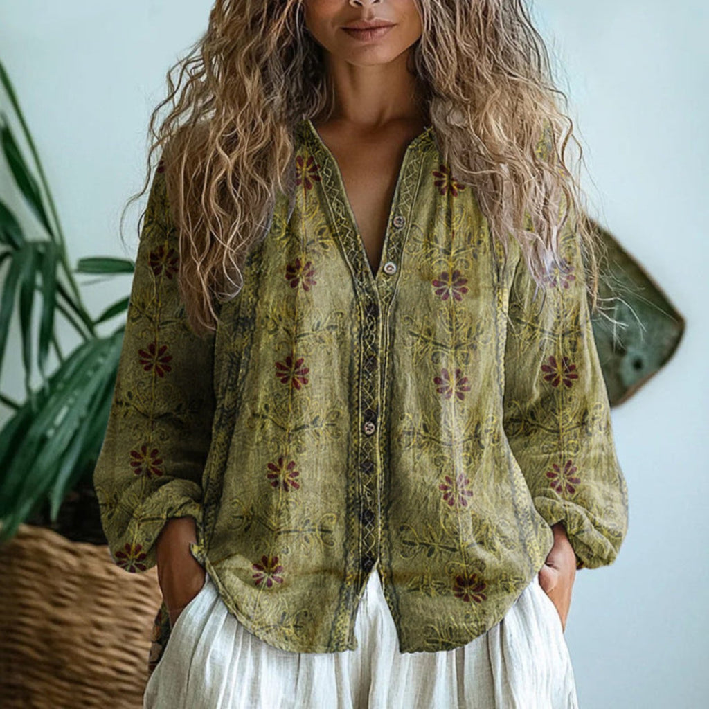 Luisa | Blouse en lin pour femmes à manches longues avec décolleté en V et bordure contrastante