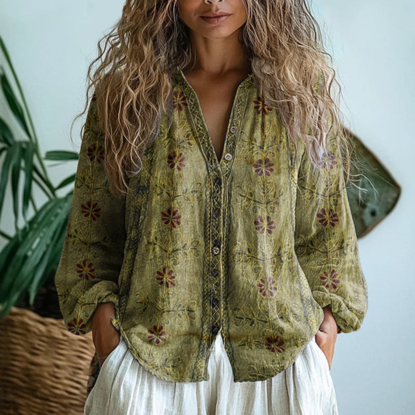 Luisa | Blouse en lin pour femmes à manches longues avec décolleté en V et bordure contrastante