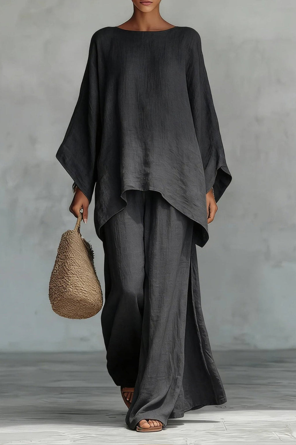 Hannah | Ensemble Femme en Look Lin avec Haut Oversize à Manches Chauve-Souris et Pantalon Large