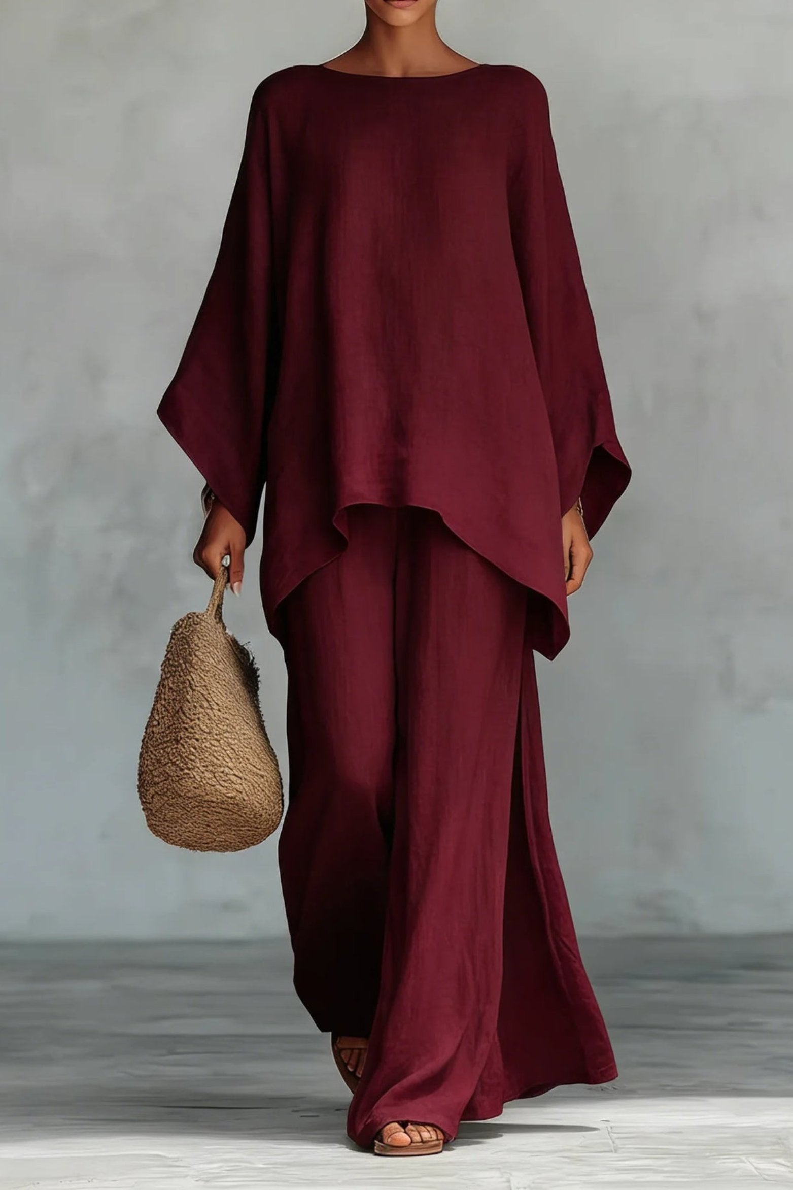 Hannah | Ensemble Femme en Look Lin avec Haut Oversize à Manches Chauve-Souris et Pantalon Large