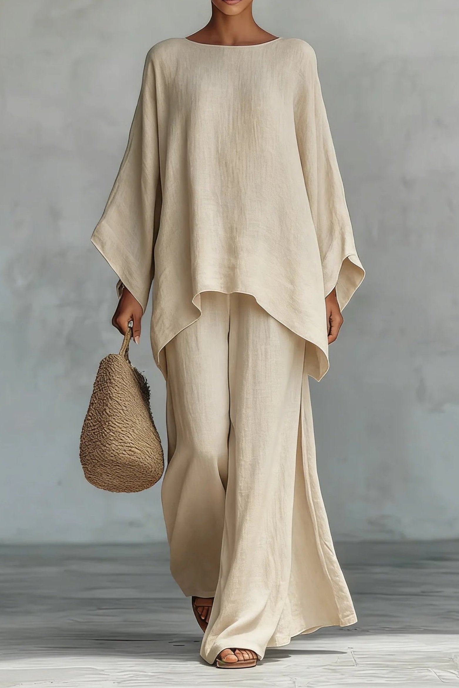Hannah | Ensemble Femme en Look Lin avec Haut Oversize à Manches Chauve-Souris et Pantalon Large
