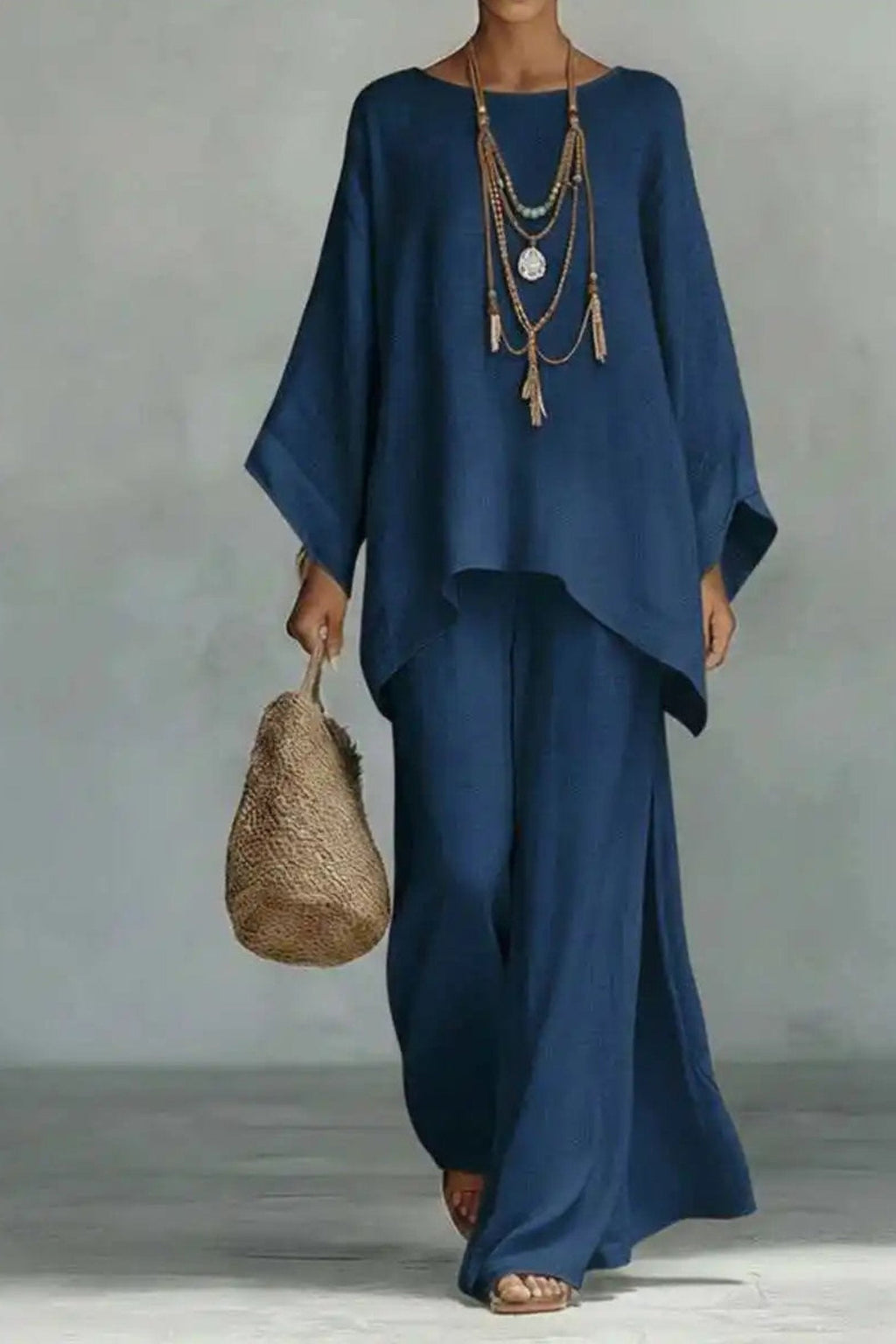 Hannah | Ensemble Femme en Look Lin avec Haut Oversize à Manches Chauve-Souris et Pantalon Large