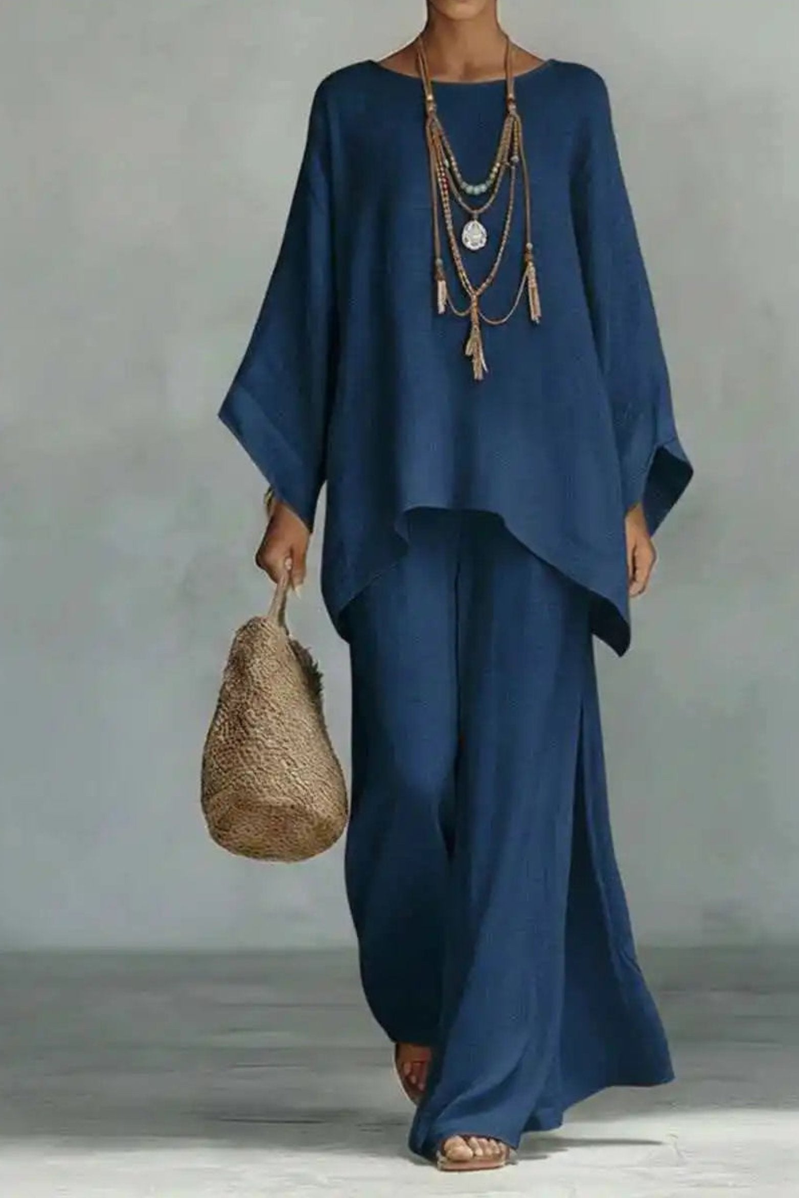 Hannah | Ensemble Femme en Look Lin avec Haut Oversize à Manches Chauve-Souris et Pantalon Large