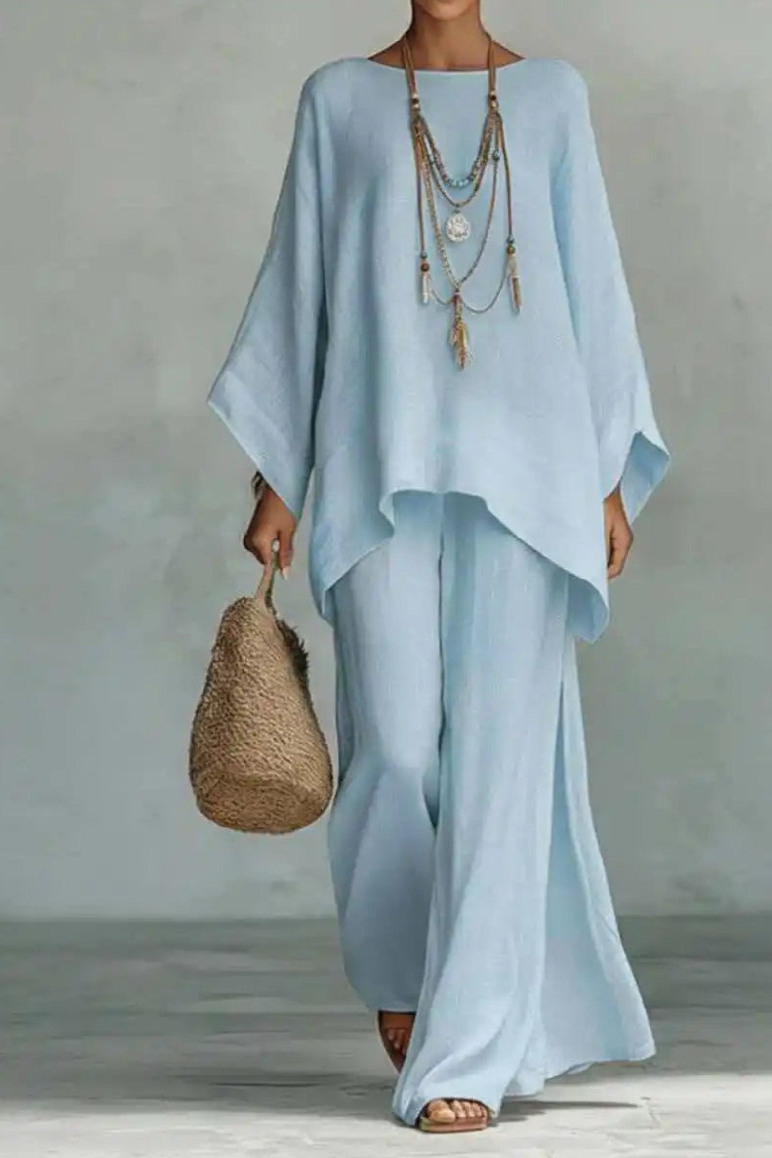 Hannah | Ensemble Femme en Look Lin avec Haut Oversize à Manches Chauve-Souris et Pantalon Large