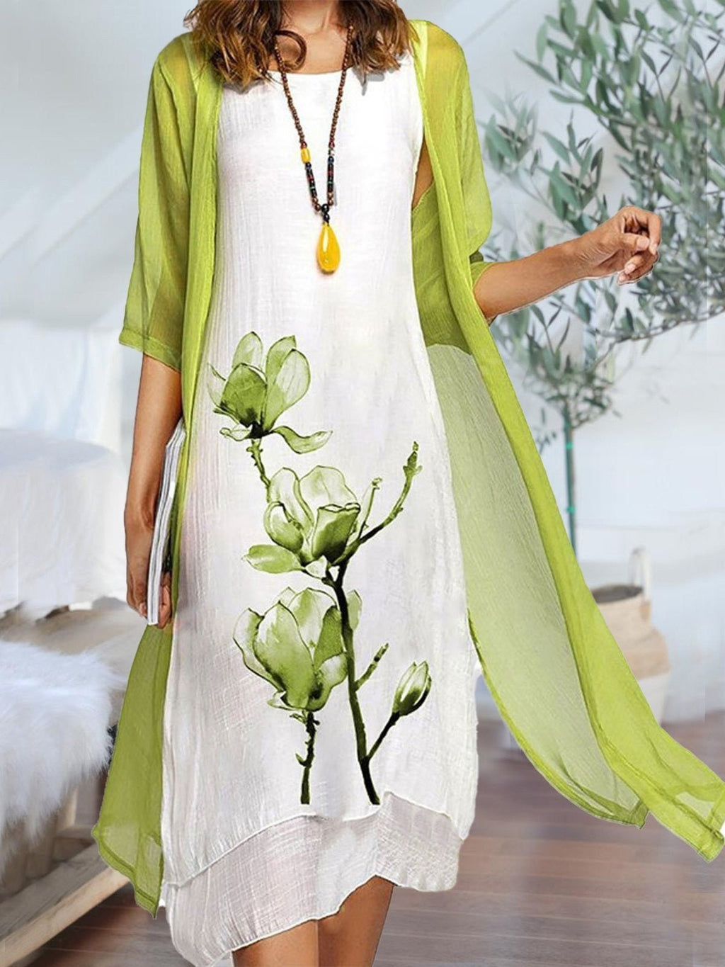 Johanna | Robe Midi en Lin pour Femmes avec Ensemble Cardigan en Chiffon