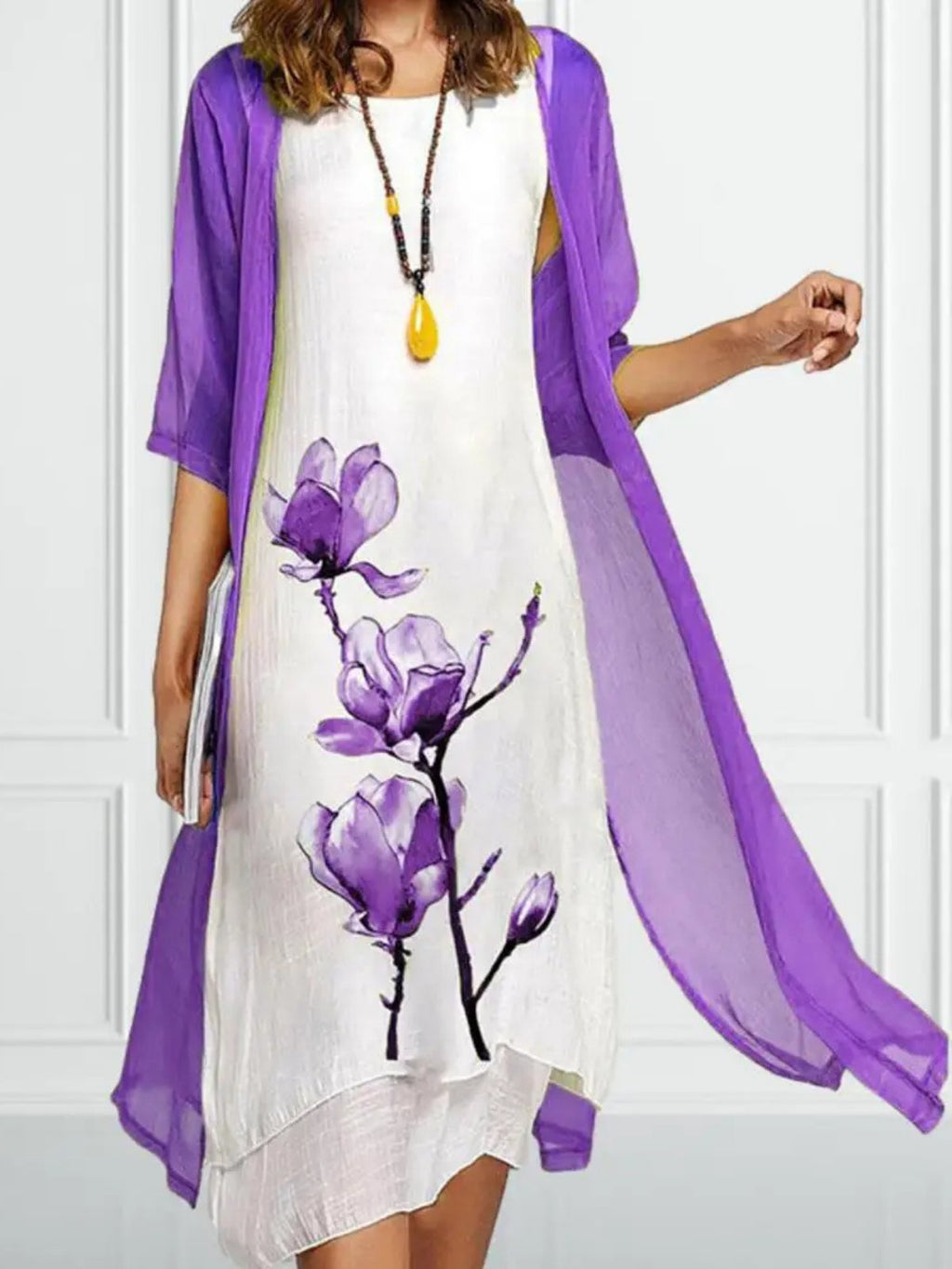 Johanna | Robe Midi en Lin pour Femmes avec Ensemble Cardigan en Chiffon