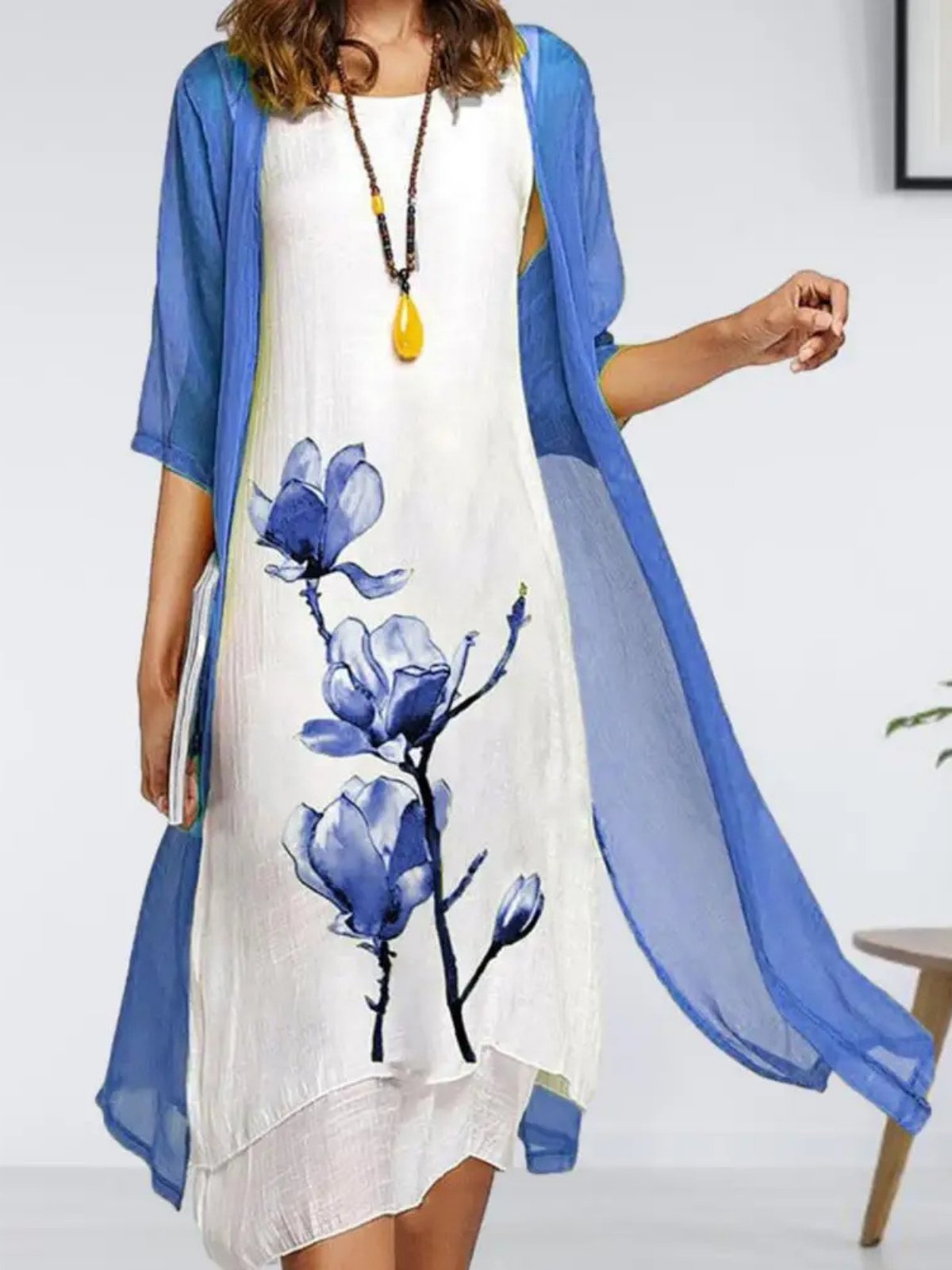 Johanna | Robe Midi en Lin pour Femmes avec Ensemble Cardigan en Chiffon