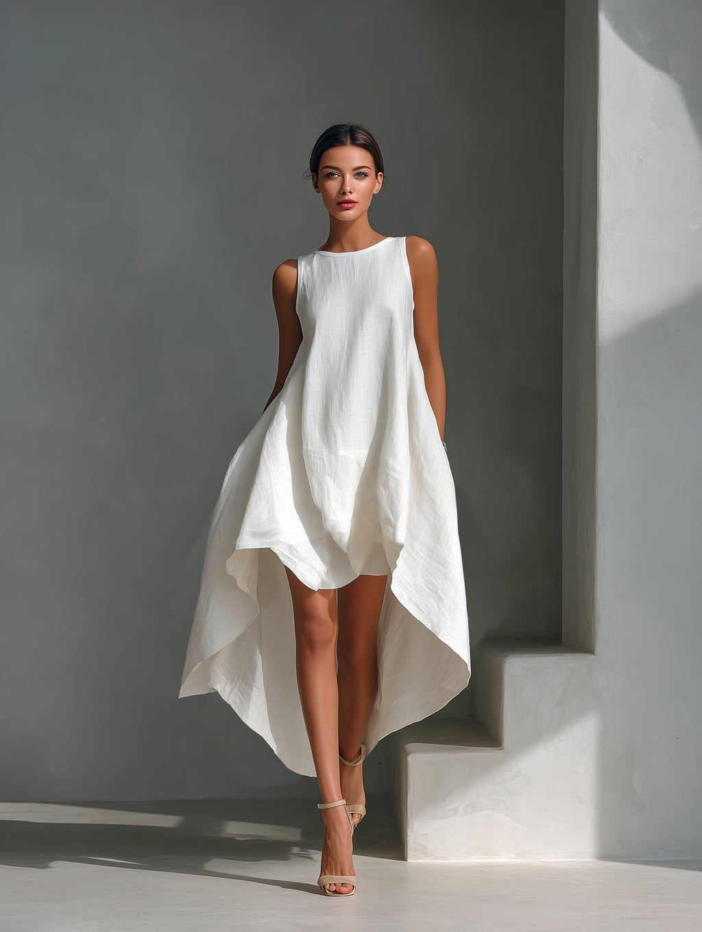 Charlotte | Robe d'été en lin pour femmes, ourlet asymétrique, sans manches, midi