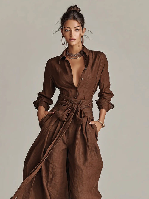 Annika | Combinaison à col chemise en lin pour femmes, manches longues et ceinture