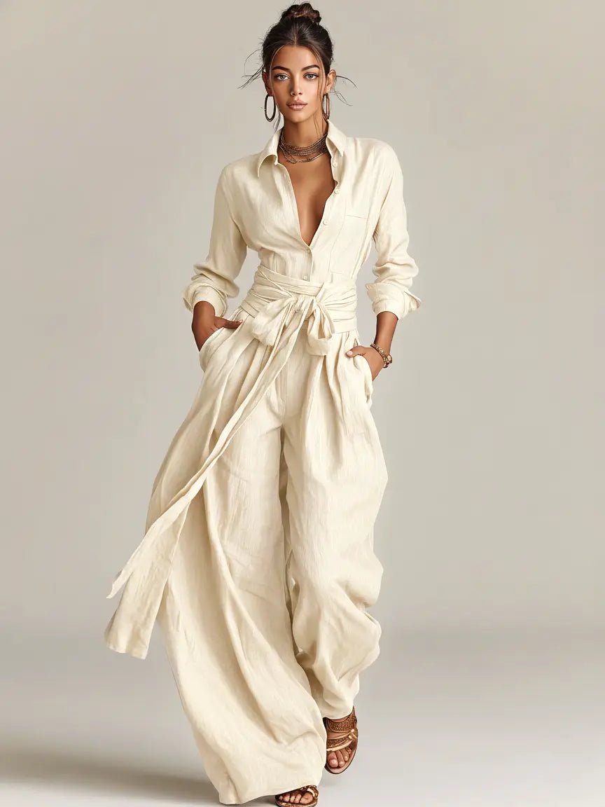 Annika | Combinaison à col chemise en lin pour femmes, manches longues et ceinture