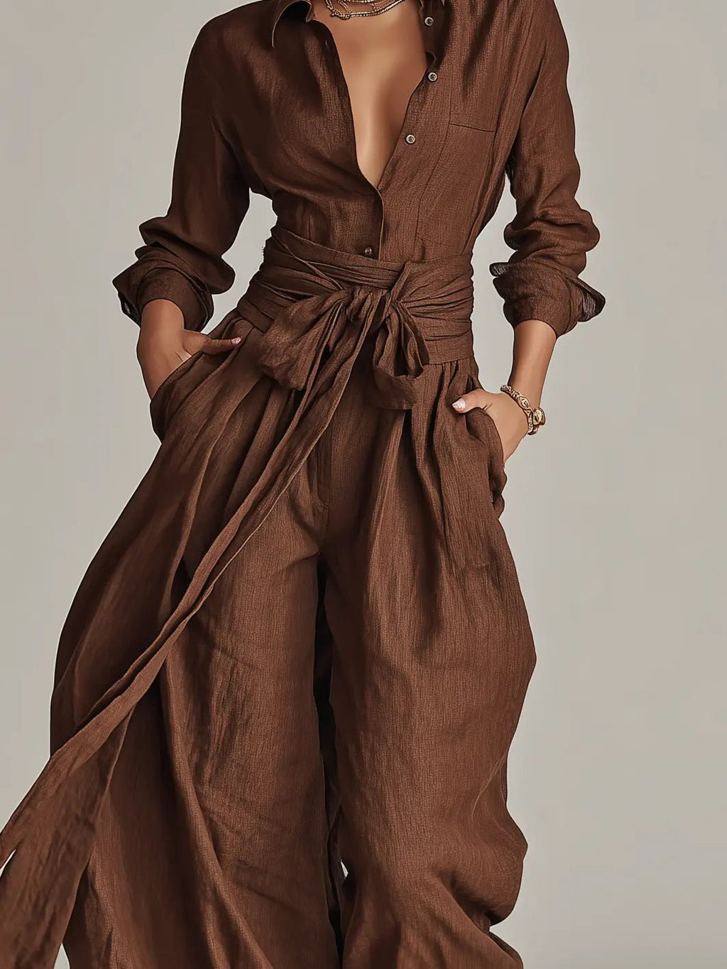 Annika | Combinaison à col chemise en lin pour femmes, manches longues et ceinture