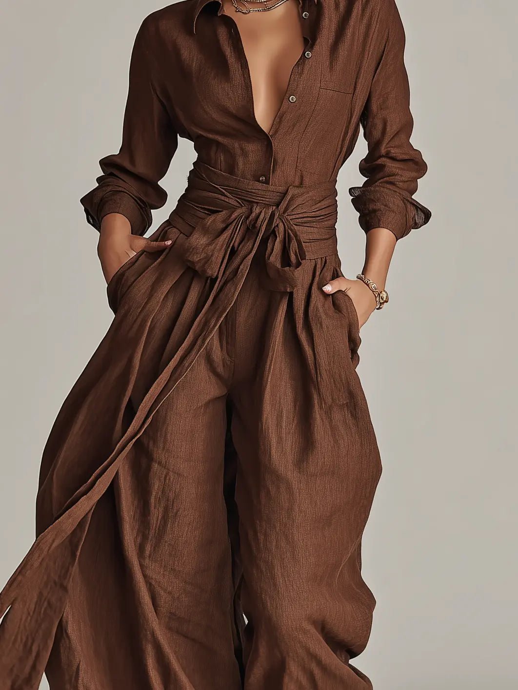 Annika | Combinaison à col chemise en lin pour femmes, manches longues et ceinture