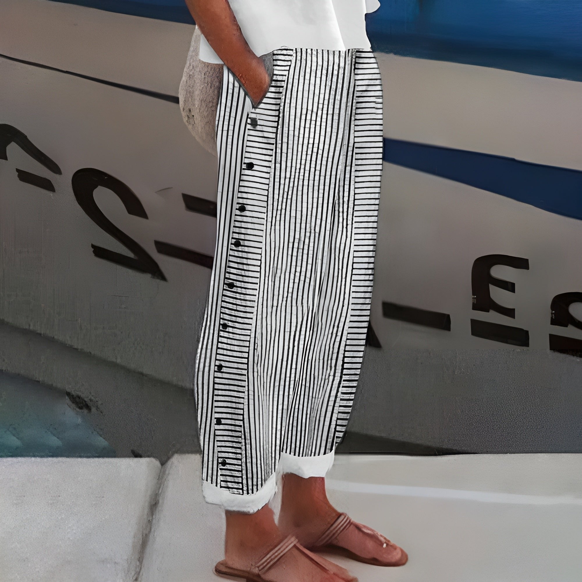 Hannah | Pantalon Relaxed-Fit Rayé en Lin pour Femmes avec Poches Latérales