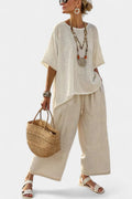 Lena | Ensemble en lin pour femmes, haut asymétrique, pantalon large