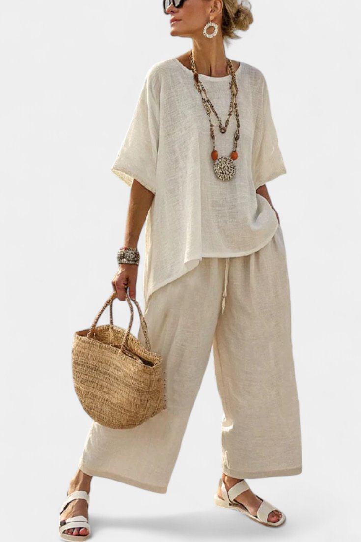 Lena | Ensemble en lin pour femmes, haut asymétrique, pantalon large