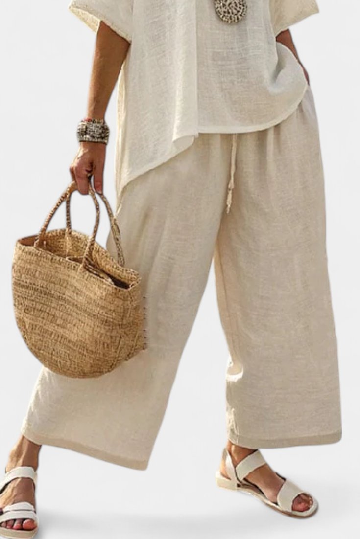Lena | Ensemble en lin pour femmes, haut asymétrique, pantalon large