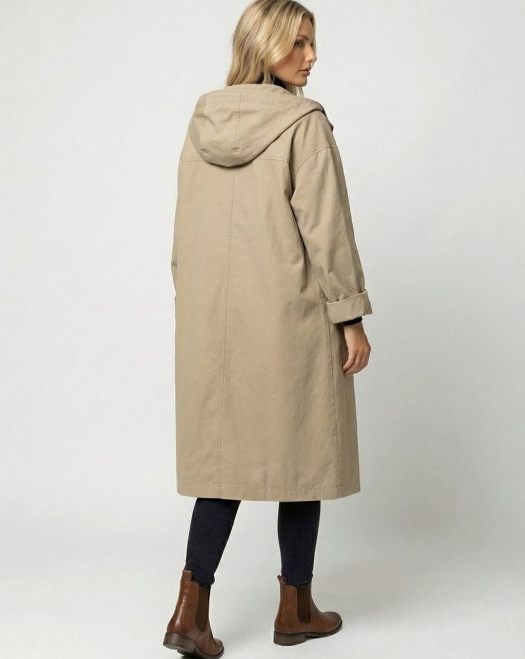 Leonie | Manteau Longline pour Femmes avec Capuche Imperméable à Rabat