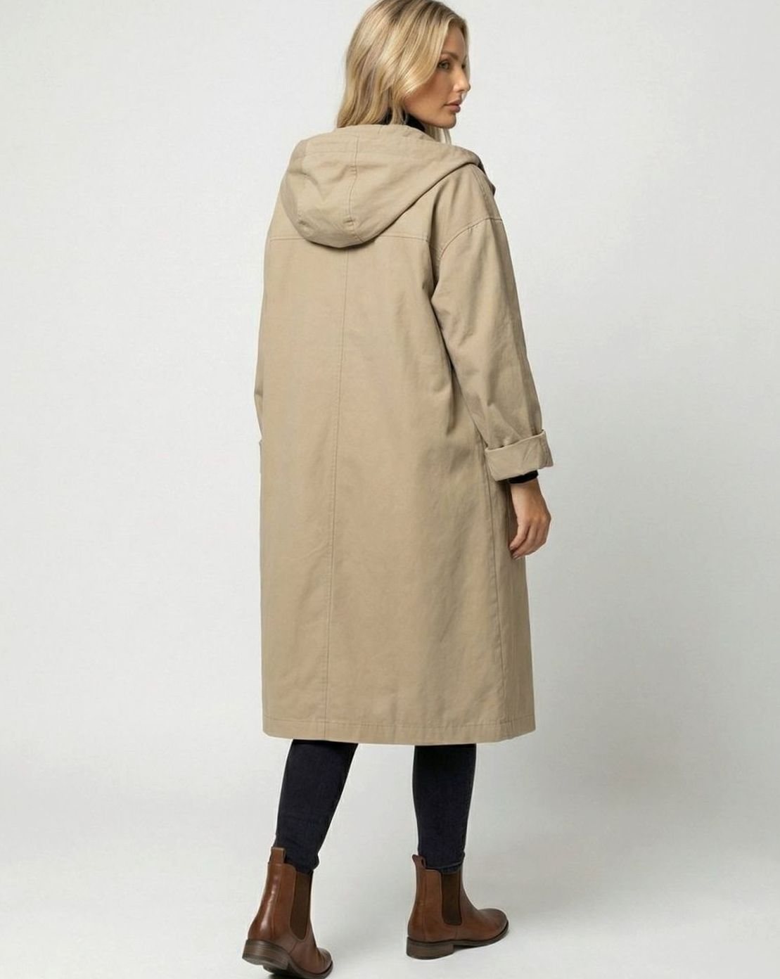 Leonie | Manteau Longline pour Femmes avec Capuche Imperméable à Rabat