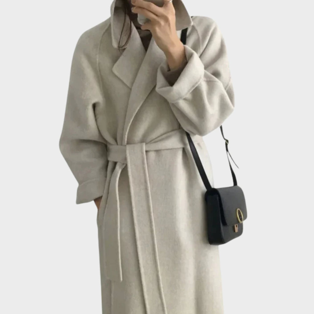 Mia | Manteau femme en mélange de laine, manteau d'hiver cintré avec ceinture à nouer