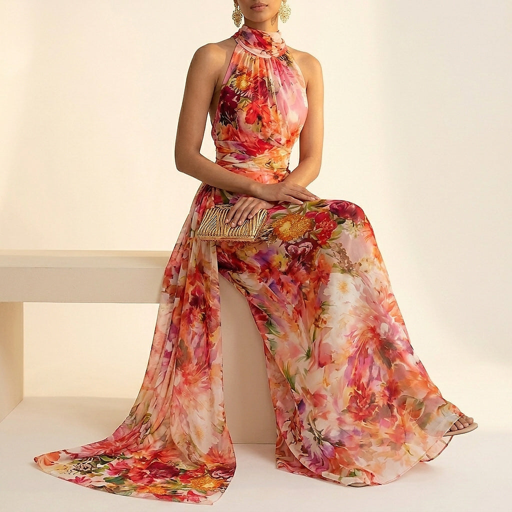 Robe maxi femme avec motif floral et décolleté halter