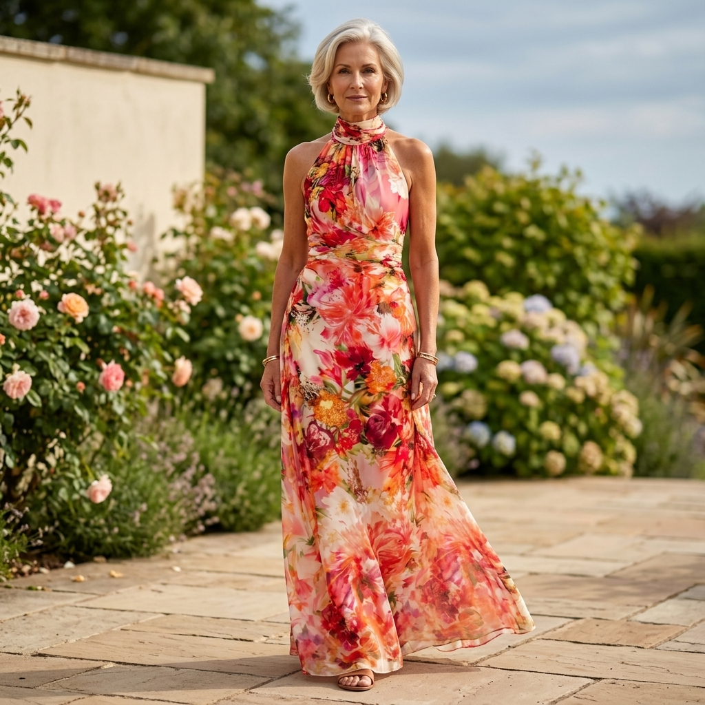 Robe maxi femme avec motif floral et décolleté halter